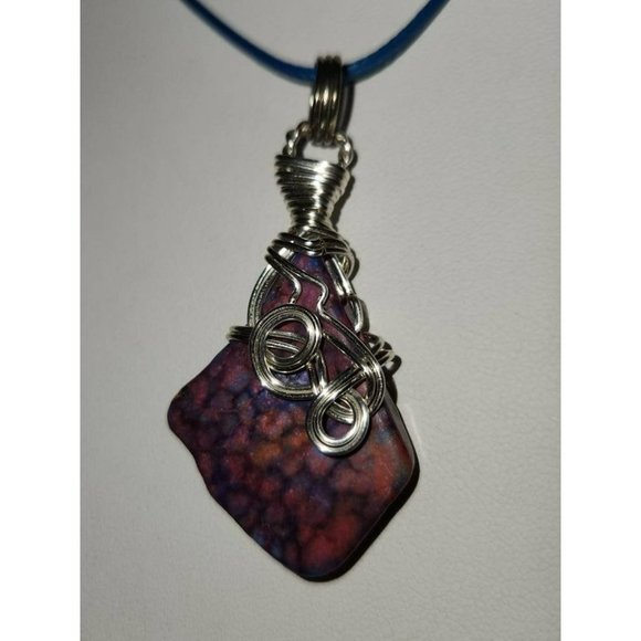 Artisan Wire Wrapped Silver Necklace with Pink and Purple Stone on Blue Cord wit - Picture 6 of 7